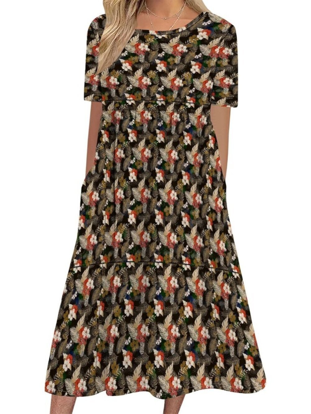 Women's Red Stylish Sleeve Crewneck Floral Print Casual Mode Maxi Long Dress